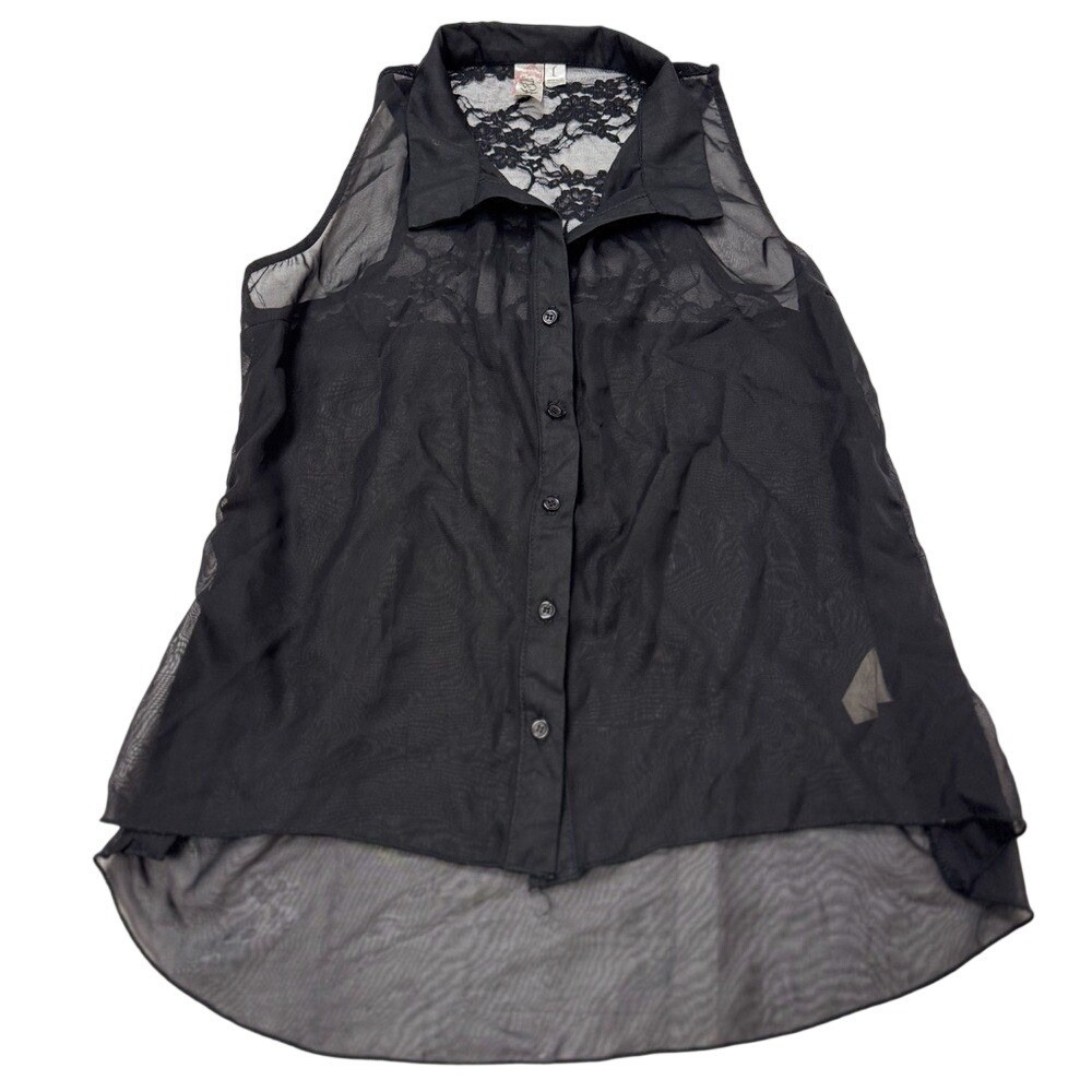 L8teR Sheer Black Chiffon Lace Back‎ Blouse Women's Large Y2K Sleeveless Top